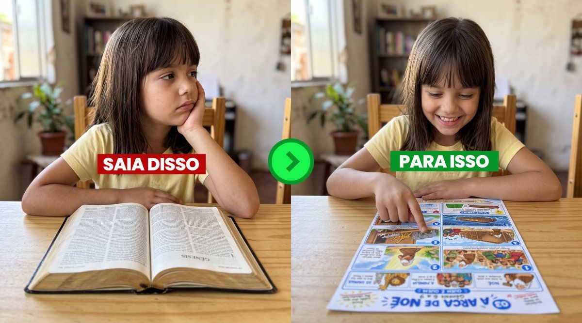 A mesma criança: à esquerda entediada diante de uma Bíblia de texto corrido, à direita atenta e apontando para um Resumo Visual colorido